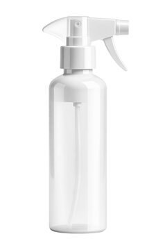 A clear plastic spray bottle with a trigger sprayer, isolated. Transparent PNG image.