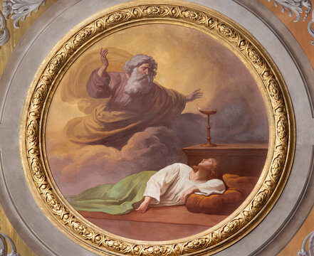 VIGEVANO, ITALY - JANUARY 18, 2026: The ceiling fresco of God&rsquo;s Calling of the Young Samuel in the Cathedral of St. Ambrose by Francesco Gonin (1858).