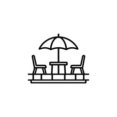 Fototapeta premium Outdoor terrace seating building amenities icon black and white vector line illustration of patio table chairs with sun umbrella for real estate and apartment complex
