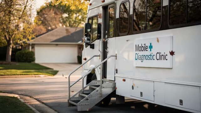 Medium framing of a mobile diagnostic van nestled in a quiet suburban street sharp clarity on the entrance steps and signage while surrounding houses and lawns fade softly out of