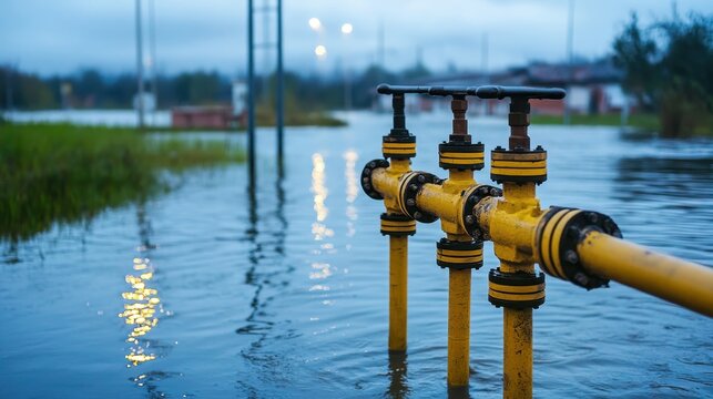 Industrial dewatering pumps are positioned near a flooded area with submerged pipes and valves