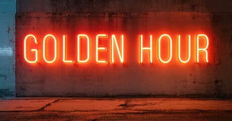 Fototapeta premium Bright neon sign displays Golden Hour against textured wall. Dramatic lighting creates warm, inviting atmosphere. Simple composition.