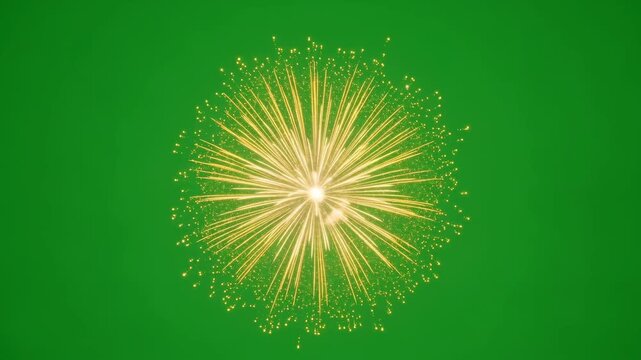 Yellow firework rocket explosion on green screen. Explosive celebration visual effect for holiday videos and chroma key editing.