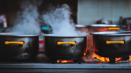 Large communal cooking pots made of dark metal with yellow handles boiling vigorously emitting steam over an open flame on a stove