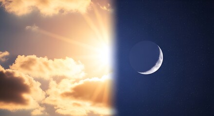 Obraz premium Day and Night Transition Conceptual Photography Split Image of Sun and Moon with Stars, Representing Time Passage and Duality