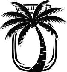 Obraz premium Creative coconut palm tree inside glass jar silhouette for tropical summer vacation and travel agency advertising design