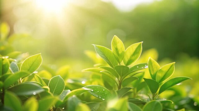 Lush green foliage close up leaf dew in garden sunlight, fresh green leaf close garden nature serenity, green foliage sunlight dew close up