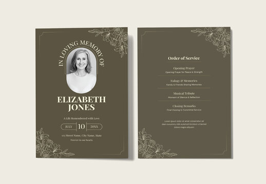 Funeral Program and Obituary Card Template with Floral Illustration