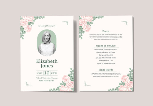 Elegant Pink Floral Funeral Program Card Template with Order of Service