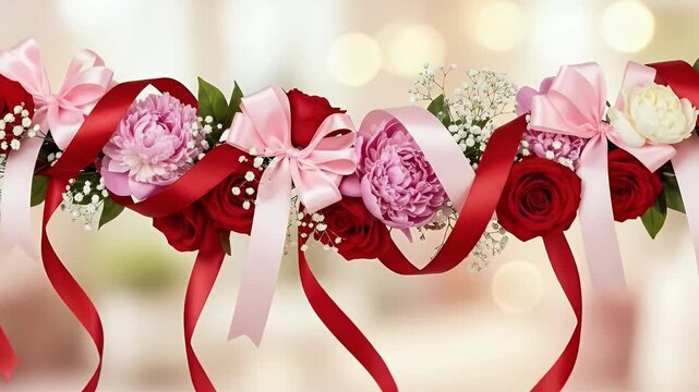 A beautifully arranged floral garland featuring vibrant red roses, soft pink peonies, and delicate white baby's breath, elegantly intertwined with flowing red and pink satin ribbons tied into decorati