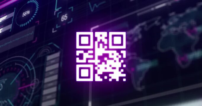 Animation of lights and qr code over digital screen with diverse data