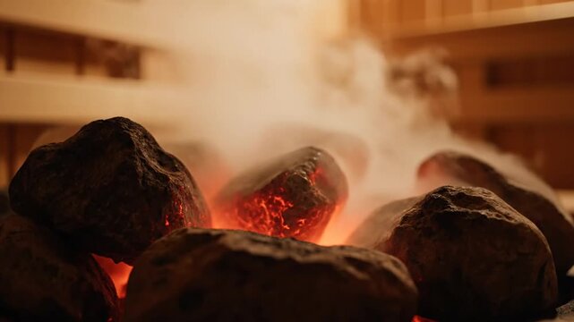 Hot glowing sauna stones producing therapeutic steam in a warm wooden spa room