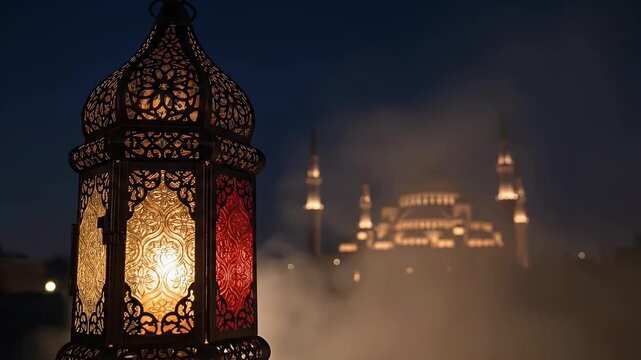 A beautifully crafted ornate lantern, featuring intricate filigree patterns and glowing with warm, inviting light, stands prominently in the foreground. In the soft-focus background, an majestic archi