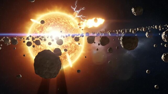 A breathtaking 3D animation plunges into the depths of cosmic space, showcasing a magnificent, intensely glowing star radiating powerful energy. A sweeping field of rocky asteroids forms a dynamic bel