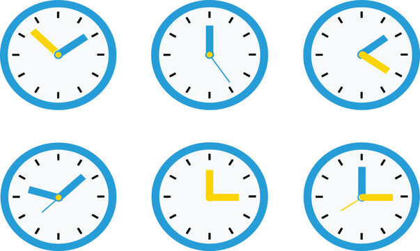 Set of six analog clocks showing different times, educational time-telling concept, ideal for teaching materials, school posters, worksheets, and learning resources.