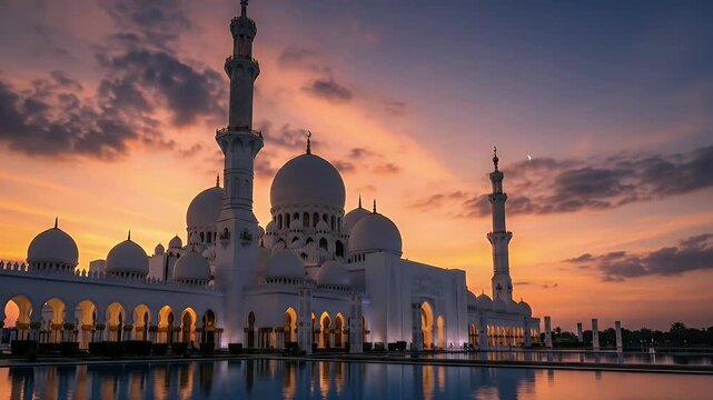 A breathtaking architectural marvel stands majestically against a vibrant sunset sky, casting warm hues of orange and purple. The grand white structure, adorned with multiple domes and towering minare