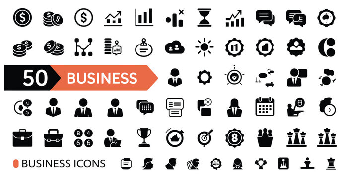vector of 50 business and financial solid glyph icons set 48x48 pixel.
