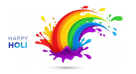 Vibrant rainbow splash with 'happy holi' text colorful paint drops on white background festive celebration design