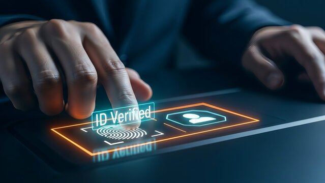 A person interacts with a digital device displaying an id verified screen with biometric scan