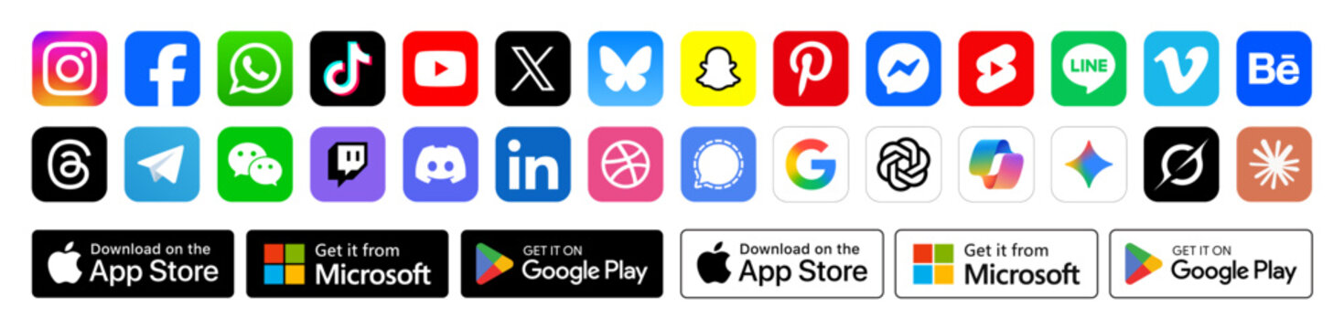 Social media app icons collection, with App Store Badges, Popular Network and Messaging Platform Logos for Mobile UI, Web Design, Marketing and Interface Projects