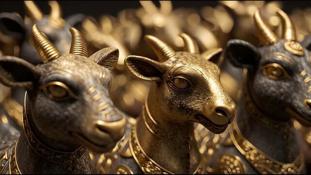 Golden and bronze bull statues displayed.