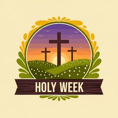 An illustrated emblem depicts three crosses silhouetted against a vibrant sunset and rolling hills