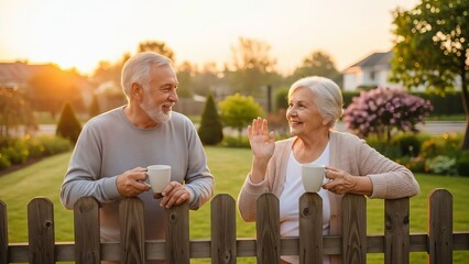 A senior couple enjoys a peaceful moment together in a garden during a golden sunset