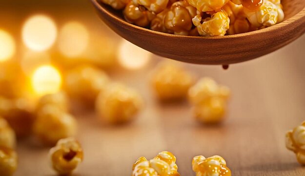 Caramel popcorn in a wooden spoon