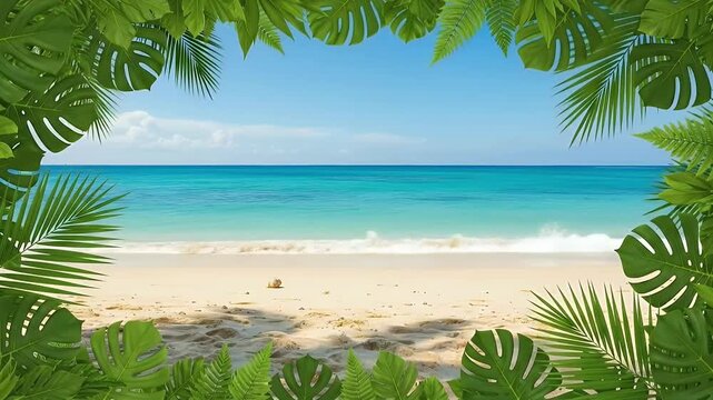 A breathtaking tropical beach scene unfolds, framed by lush green foliage that adds a natural, immersive border to the composition. The pristine white sand meets crystal-clear turquoise ocean waters, 
