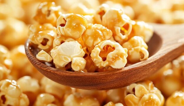 Caramel popcorn in a wooden spoon