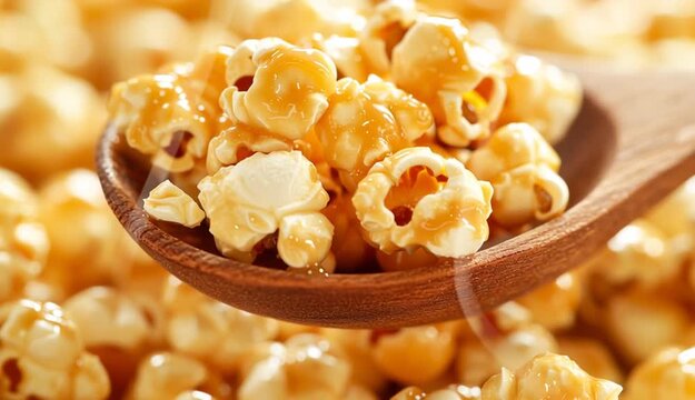 Caramel popcorn in a wooden spoon