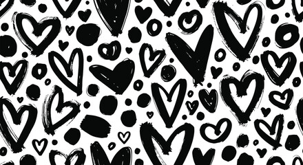 Seamless pattern with hand-drawn black hearts and dots on a white background, featuring a grunge brushstroke texture, ideal for romantic or decorative designs.