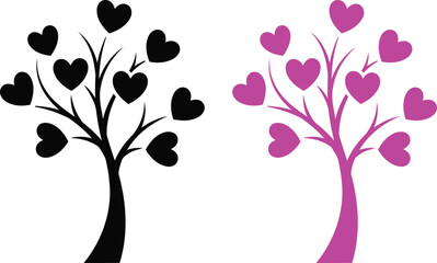 Two stylized trees with heart-shaped leaves, one black and one purple, standing side by side against a white background, symbolizing love and growth.