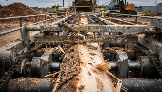 Medium shot focusing on closeup conveyor system conveying freshly debarked logs emphasizing mechanical details and textures in a busy timber chipping yard.