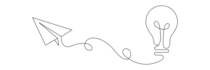 Obraz premium Continuous line drawing of paper plane flying towards light bulb representing creative business ideas. Editable stroke. Doodle hand drawn vector illustration
