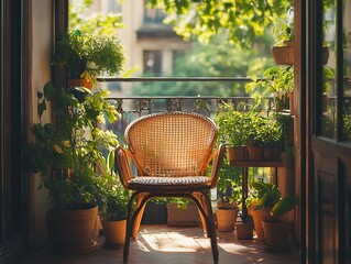 Fototapeta premium Comfortable wicker chair surrounded by greenery on sunlit balcony