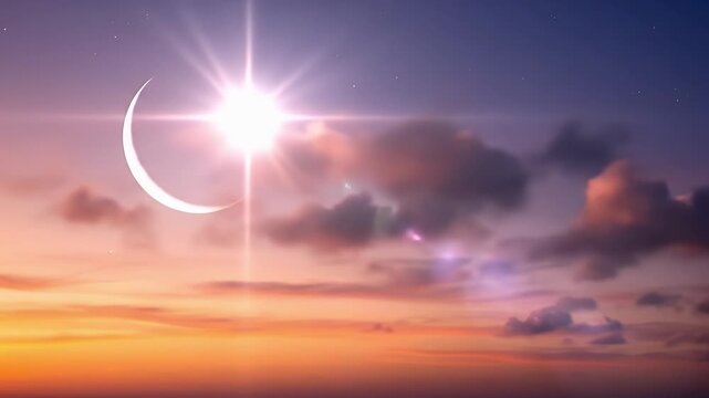 A celestial crescent moon and a radiant, shimmering star illuminate a breathtaking twilight sky, painted with soft gradients of orange, pink, purple, and deep blue. Wispy clouds drift lazily as the st