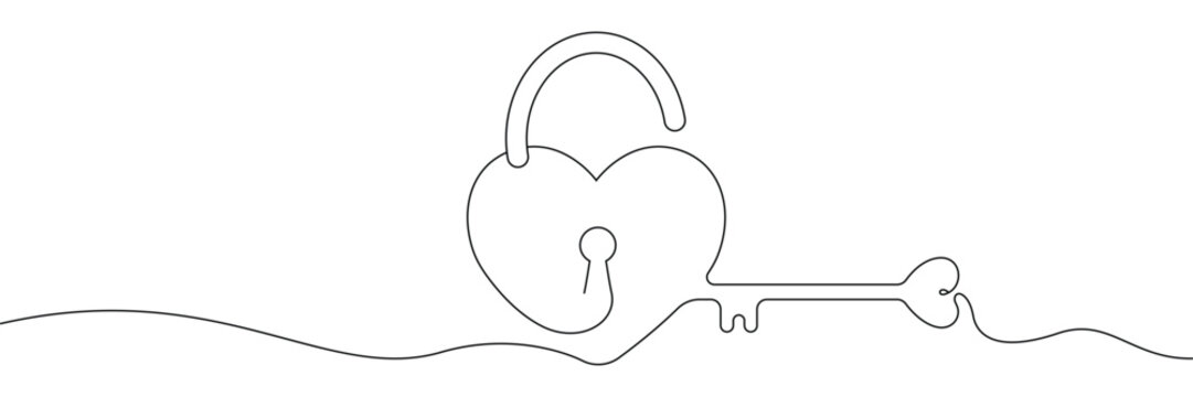 continuous line drawing of a heart shaped padlock and key for love concept. Editable stroke. Doodle hand drawn vector illustration