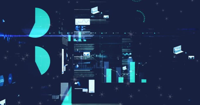 Animation of multiple graphs with data and trading board against black background