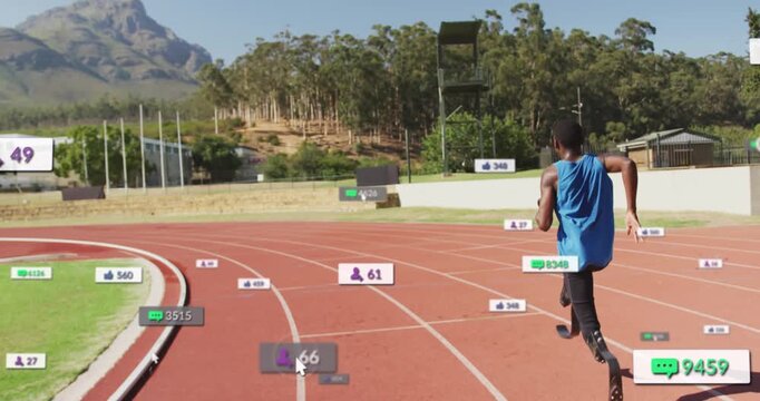 Animation of social media icons over african american man with prosthetic leg running on the track
