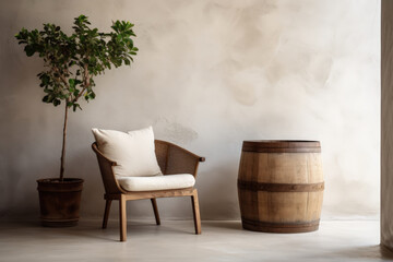Large round-shaped armchair in bright and minimalist room with indoor flowers of home. Cozy rustic interior. Copy space