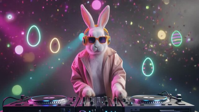 A cheerful rabbit wearing headphones and sunglasses operates a DJ mixer during a lively Easter party with glowing egg decorations and confetti.