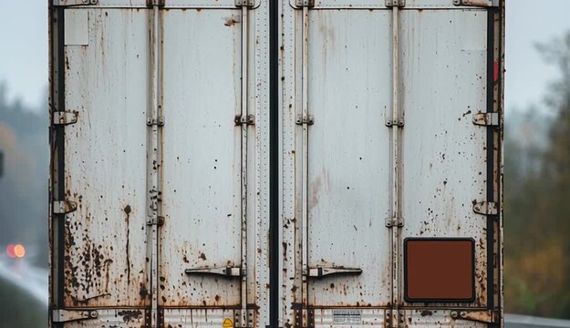 Rear view of weathered white cargo truck on highway, close-up of truck's back doors with metal latches and locks, dirty and aged metal surface with rust spots, red taillights illuminated
