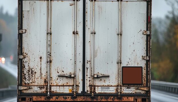 Rear view of weathered white cargo truck on highway, close-up of truck's back doors with metal latches and locks, dirty and aged metal surface with rust spots, red taillights illuminated
