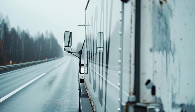 Rear view of weathered white cargo truck on highway, close-up of truck's back doors with metal latches and locks, dirty and aged metal surface with rust spots, red taillights illuminated
