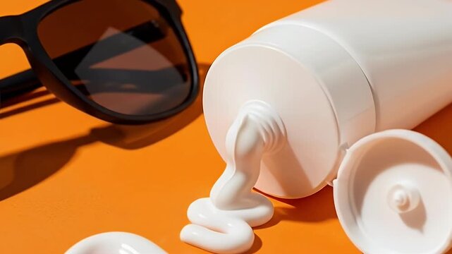 A generic white tube dispenses a thick, luscious white cream onto a vibrant orange surface, sitting beside stylish black sunglasses. The scene evokes strong feelings of summer, sun protection, and ess