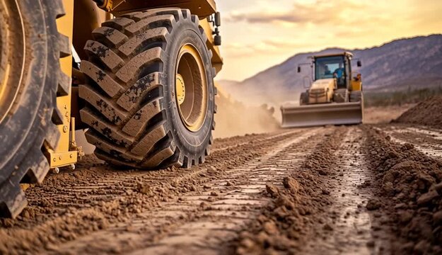 Heavy road grader construction machinery working on dirt road surface, close-up of large tire treads and blade, second grader machine visible in background, desert or arid landscape with mountains