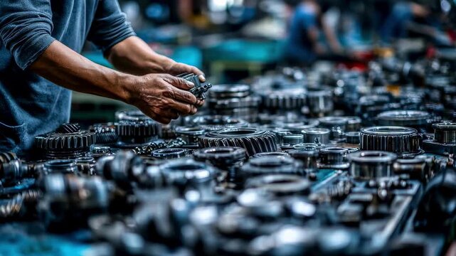 Medium frame of an expert sorting through various automatic transmission parts on a cluttered table with the foreground element sharply defined against a blurred backdrop.