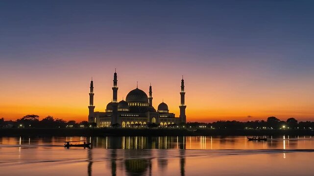 A magnificent architectural marvel, featuring grand domes and towering minarets, is beautifully silhouetted against a breathtaking twilight sky. The horizon glows with vibrant oranges, purples, and bl