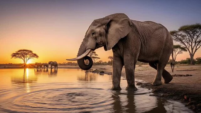 A magnificent wild elephant stands at the edge of a serene watering hole as the sun dips below the horizon, casting warm, golden hues across the vast savanna landscape. The powerful creature gracefull
